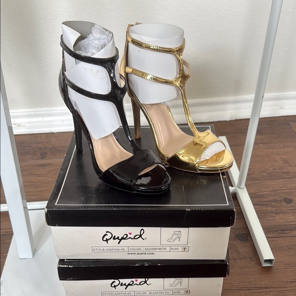 Qupid Black & Gold Stiletto Heels with Ankle Strap 2 pair 4 $30 CLOSEOUT deals!